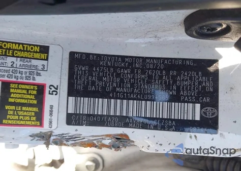 2020 Toyota Camry Se from USA, damaged, VIN 4T1G11AK4LU994565